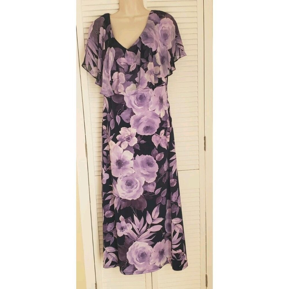 NEW CONNECTED APPAREL LILAC FLORAL CHIFFON CAPE MIDI DRESS SZ 14 - Picture 2 of 6